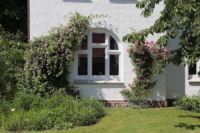 Weißes Haus mit Rundbogenfenster Kunststoff und Rosen